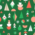 Modern abstract Christmas seamless background. Vector pattern with festive geometric shapes, Christmas trees, ornaments, baubles. Royalty Free Stock Photo