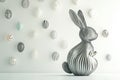 A modern, abstract Easter Bunny made of sleek metallic lines, standing in front of a minimalist Royalty Free Stock Photo
