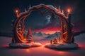 Fantasy wooden arch in a winter wonderland landscape at night.