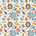 Modern abstract flowers seamless pattern. Blue, yellow and terracotta boho floral vector illustration.