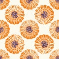 Modern abstract gerbera daisy flower seamless pattern background. Geometric repeat with orange indigo florals on light