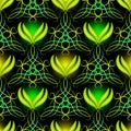 Modern abstract green illuminated arabesque seamless pattern. Vector ornamental glowing Damask background. Decorative repeat