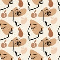 Modern abstract hand drawn line face women with geometric shapes, apples, pears seamless pattern on beige background. Royalty Free Stock Photo