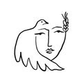 Modern abstract line art face woman portrait silhouette, pigeon freedom symbol.