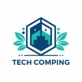 A modern, abstract logo design for a tech co-working space featuring a hexagon, stylized buildings, and leaves, Craft a simple and Royalty Free Stock Photo