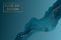 Design or card template with dark blue watercolor waves or fluid art or ink with golden glitter