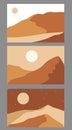 Modern abstract minimalist landscape posters. Desert, sun and moon. Day and night scene. Pastel colors, earth tones. Boho mid- Royalty Free Stock Photo