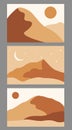 Modern abstract minimalist landscape posters. Desert, sun and moon. Day and night scene. Pastel colors, earth tones. Boho mid- Royalty Free Stock Photo