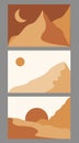 Modern abstract minimalist landscape posters. Desert, sun and moon. Day and night scene. Pastel colors, earth tones. Royalty Free Stock Photo