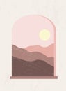 Modern abstract monochrome composition. Minimalist boho style poster. Mystic arched window. mountain landscape and sunset. Wall