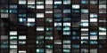 Modern abstract office building background texture with glowing lights against dark black exterior walls.