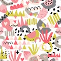 Modern abstract paper cut out shapes background. Seamless colorful collage vector pattern. Contemporary art pink green gray white