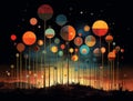 Modern abstract poster with spheres and lollipops. City in the background. Royalty Free Stock Photo