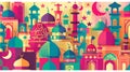 Modern, abstract representations of mosques, crescent moons, stars, lanterns, and traditional Islamic architecture are