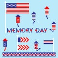 Modern abstract set of memorial, independence day, pixel art icons, isolated background. Royalty Free Stock Photo