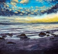 Modern acrylic oil painting on canvas - evening sunset on sea river beach. Royalty Free Stock Photo