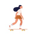 Modern active girl riding long board. Young millennial woman on personal urban vehicle. Extreme summer skating, active