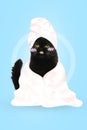 Modern aesthetic artwork. black cat, relaxed and enjoy spa procedures wrapped in fluffy peach towel against blue Royalty Free Stock Photo