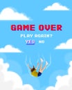 Modern aesthetic artwork. Game over. Young lady falling down as video-game character against cloudy sky. Pixeled design.