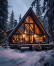 Cottage in a winter forest in cabincore style