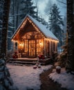 Cottage in a winter forest in cabincore style