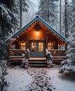 Cottage in a winter forest in cabincore style