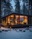 Cottage in a winter forest in cabincore style