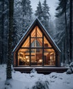 Cottage in a winter forest in cabincore style