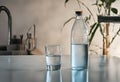 modern aesthetic home interior featuring a glass of water and bottle on a minimalist table Royalty Free Stock Photo