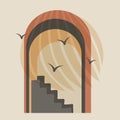 Modern aesthetic illustration with stairs and birds