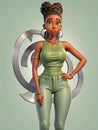 Modern African American woman in green clothing, cartoon character