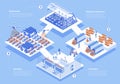 Modern agricultural concept 3d isometric web scene with infographic. People work at smart farm, research in laboratory, farming