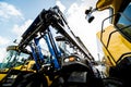 Modern agricultural machinery and equipment. Yellow agricultural harvester. Royalty Free Stock Photo