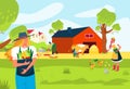 Modern agricultural organic farm place, people farmer together cultivation harvest plants flat vector illustration