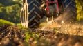 Modern Agriculture: Tractor Fertilizing Fields at Sunrise. Generative ai