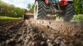 Modern Agriculture: Tractor Fertilizing Fields at Sunrise. Generative ai