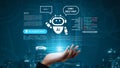 Modern AI Assistant Interacting with Users via Digital Interface and Data Visualization in Futuristic Urban Setting Royalty Free Stock Photo
