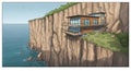 A modern, AI-generated house perched on a cliffside. The structure features large Royalty Free Stock Photo