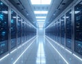 Modern AI Powered Data Center Corridor with Cloud Computing Servers and Enterprise Cyber Security Infrastructure Royalty Free Stock Photo