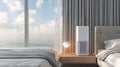 Modern air purifier is on the table in the bedroom. AI Generated