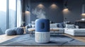 Modern air purifier is on the table in the living room. AI Generated Royalty Free Stock Photo