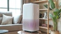 Modern air purifier is on the table in the living room. AI Generated