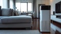 Modern air purifier is on the table in the living room. AI Generated.