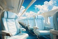 Modern aircraft cabin with comfortable seats in blue tones. Royalty Free Stock Photo