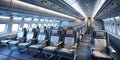 A modern airplane cabin interior featuring rows of comfortable passenger seats with overhead compartments and windows. Generative Royalty Free Stock Photo