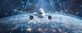 A modern airplane flying over a digitally connected Earth, representing global aviation and