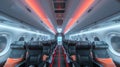 Modern Airplane Interior with LED Lighting. Comfortable Passenger Seats, Travel Concept. Stylish Aircraft Cabin Design Royalty Free Stock Photo