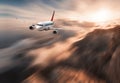 Modern airplane mith motion blur effect is flying over low cloud Royalty Free Stock Photo