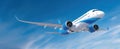 The modern airplane soaring gracefully against a clear blue sky. AI generated image Royalty Free Stock Photo