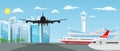 Airport building and planes with nice cityscape in background. Vector illustration.